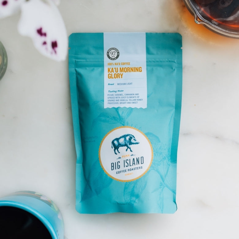 Bag of our 97 points Ka'u Morning Glory light roast Hawaiian coffee