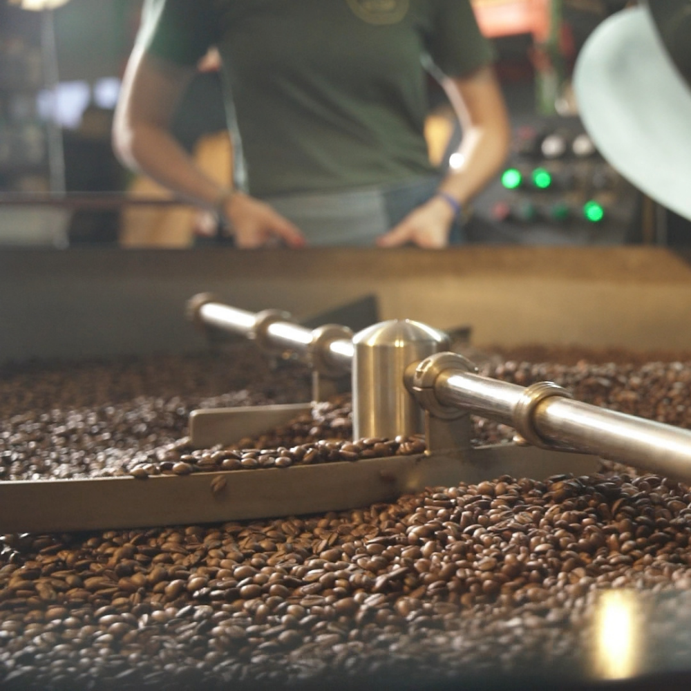 fresh roasted hawaiian coffee in a drum roaster 